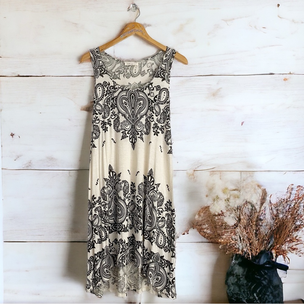 Boutique Linen Blend Medallion Print Sleeveless Swing Dress Women’s S Gray/Cream